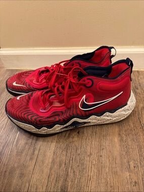 Nike Red and Navy Men's High-Top Sneakers with White Swoosh Accent